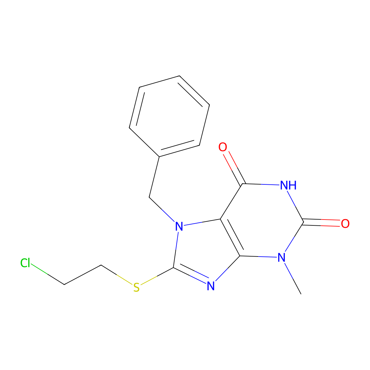 7-Benzyl-8-(2-chloro-ethylsulfanyl)-3-methyl-3,7-dihydro-purine-2,6-dione molecular structure, CAS 332408-87-4