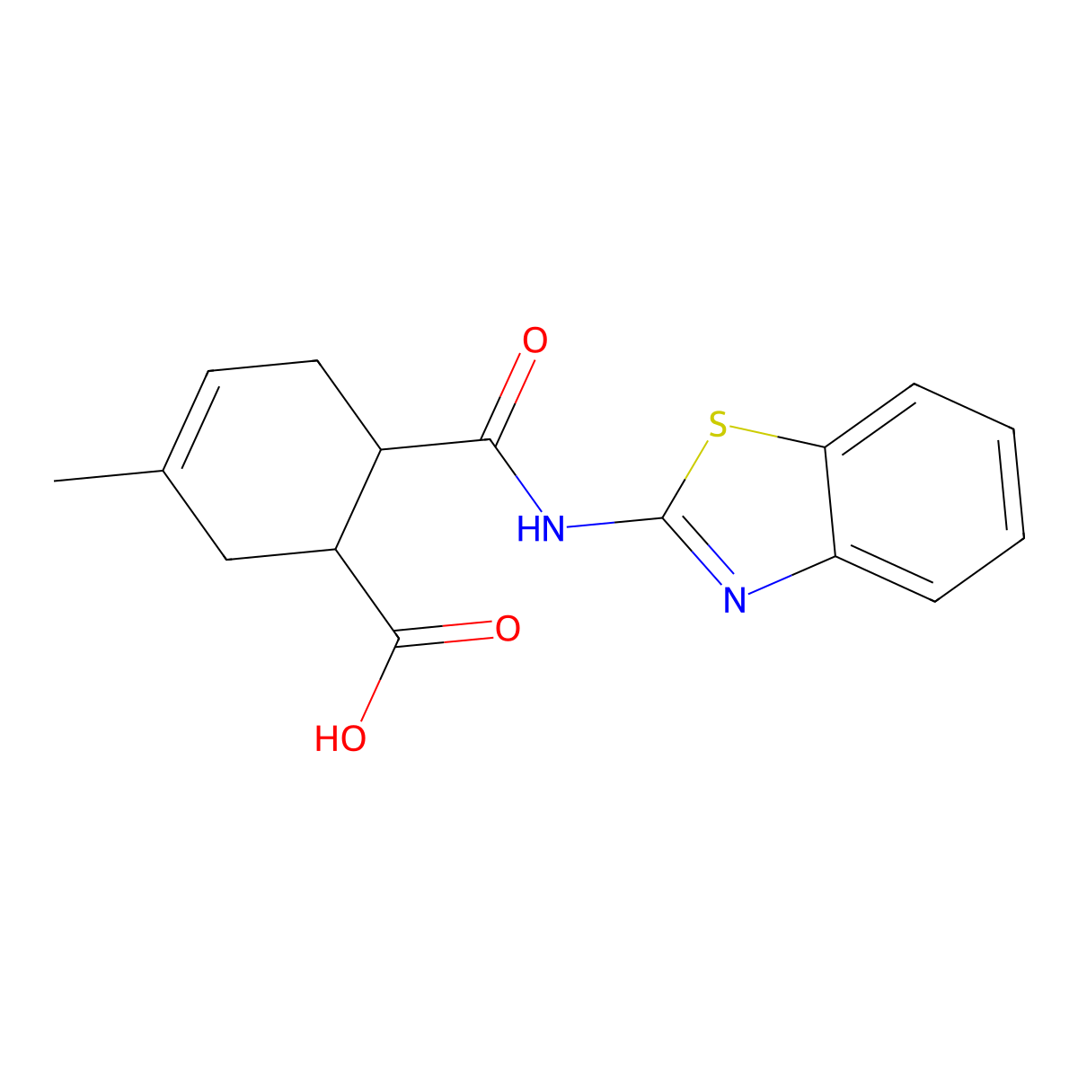 6-(Benzothiazol-2-ylcarbamoyl)-3-methyl-cyclohex-3-enecarboxylic acid molecular structure, CAS 332410-15-8