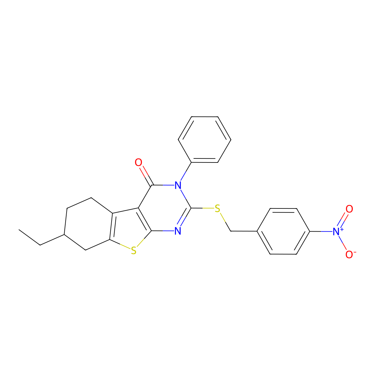 7-Ethyl-2-[(4-nitrophenyl)methylsulfanyl]-3-phenyl-5,6,7,8-tetrahydro-[1]benzothiolo[2,3-d]pyrimidin-4-one molecular structure, CAS 332412-55-2