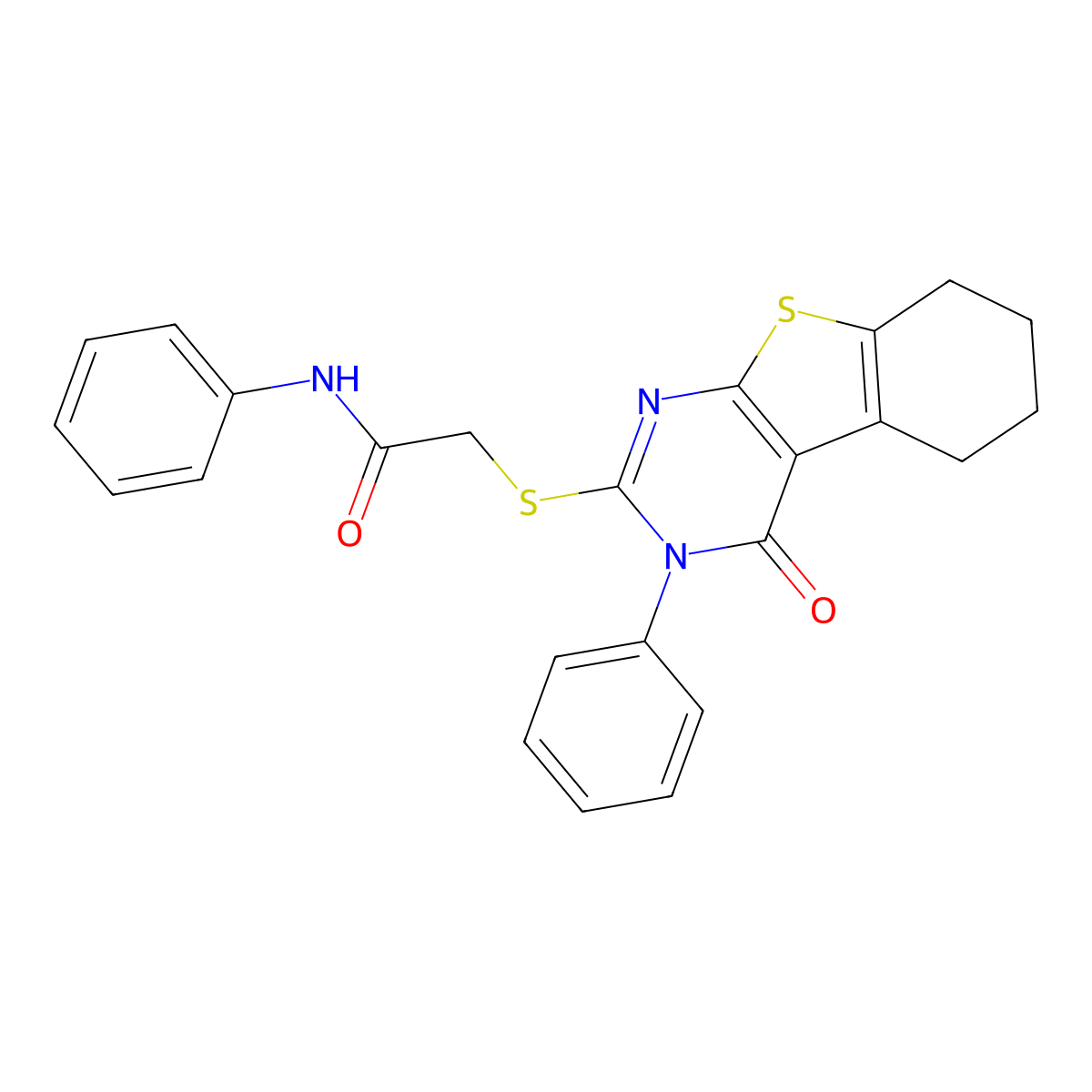 2-[(4-oxo-3-phenyl-5,6,7,8-tetrahydro-[1]benzothiolo[2,3-d]pyrimidin-2-yl)sulfanyl]-N-phenylacetamide molecular structure, CAS 332412-66-5