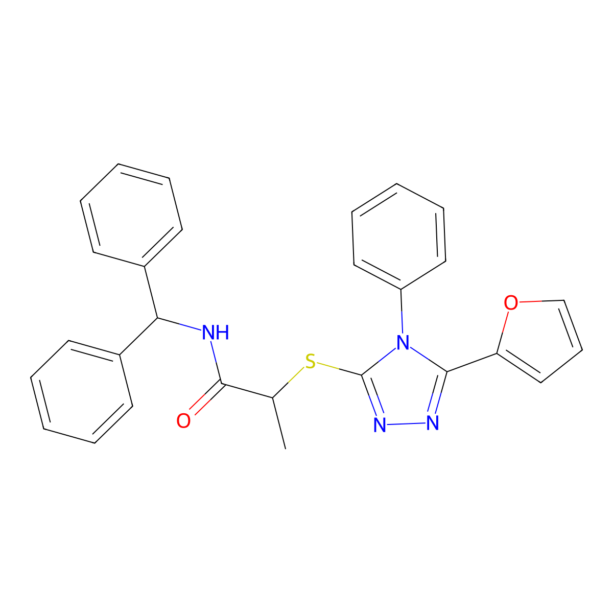 N-benzhydryl-2-[[5-(furan-2-yl)-4-phenyl-1,2,4-triazol-3-yl]sulfanyl]propanamide molecular structure, CAS 332412-67-6