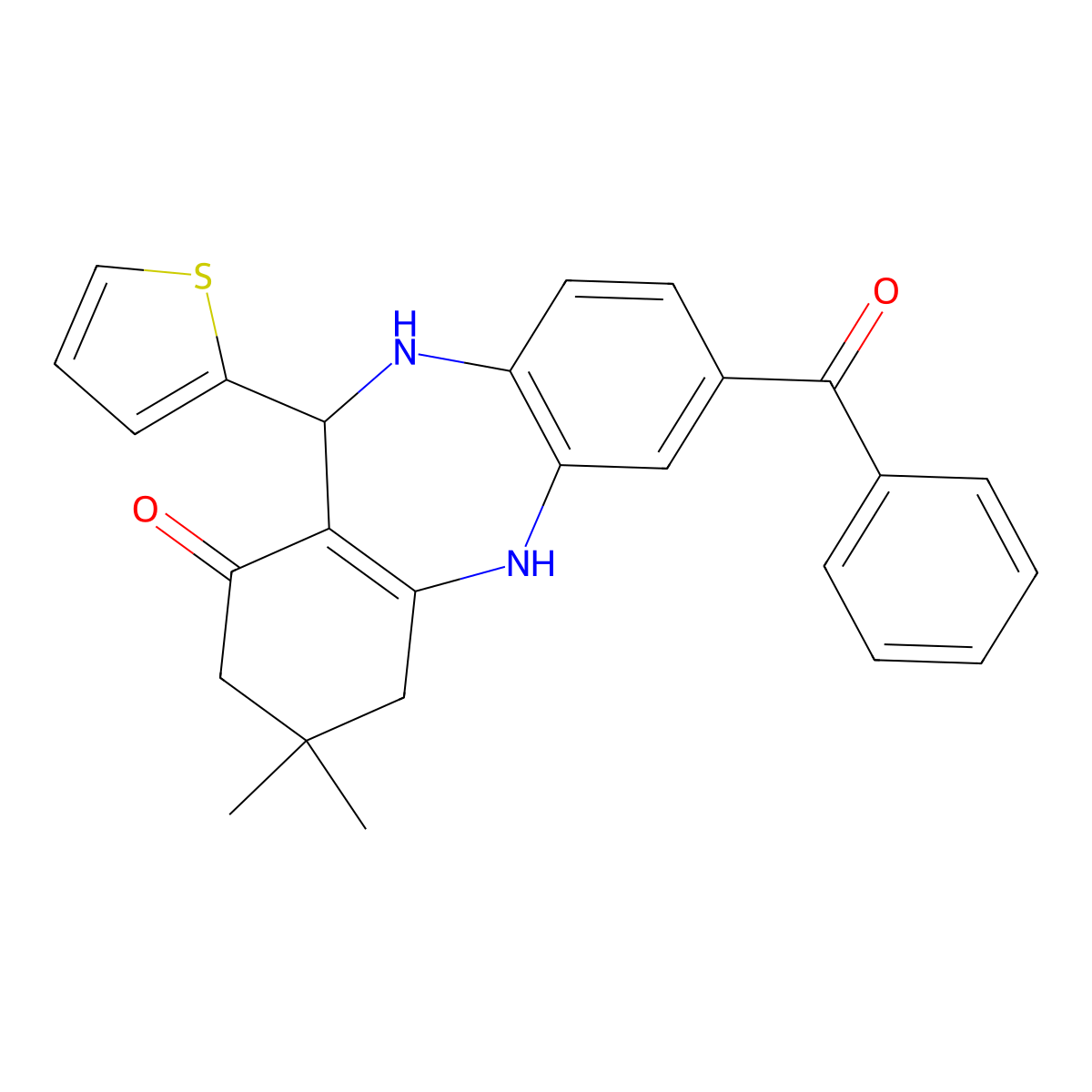 2-benzoyl-9,9-dimethyl-6-thiophen-2-yl-6,8,10,11-tetrahydro-5H-benzo[b][1,4]benzodiazepin-7-one molecular structure, CAS 332849-52-2