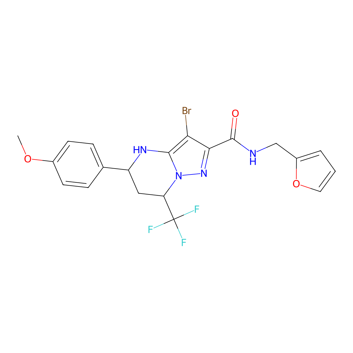 3-bromo-N-(furan-2-ylmethyl)-5-(4-methoxyphenyl)-7-(trifluoromethyl)-4,5,6,7-tetrahydropyrazolo[1,5-a]pyrimidine-2-carboxamide molecular structure, CAS 332851-44-2