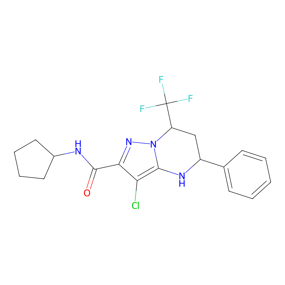 3-chloro-N-cyclopentyl-5-phenyl-7-(trifluoromethyl)-4,5,6,7-tetrahydropyrazolo[1,5-a]pyrimidine-2-carboxamide molecular structure, CAS 332851-69-1