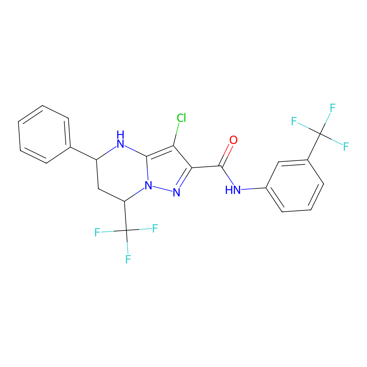3-chloro-5-phenyl-7-(trifluoromethyl)-N-(3-(trifluoromethyl)phenyl)-4,5,6,7-tetrahydropyrazolo[1,5-a]pyrimidine-2-carboxamide molecular structure, CAS 332851-73-7