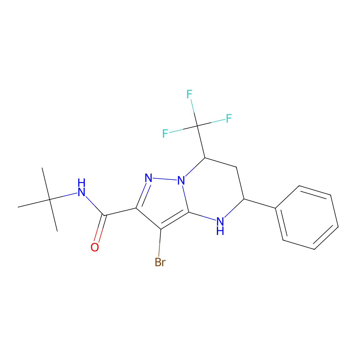 3-bromo-N-(tert-butyl)-5-phenyl-7-(trifluoromethyl)-4,5,6,7-tetrahydropyrazolo[1,5-a]pyrimidine-2-carboxamide molecular structure, CAS 332851-83-9