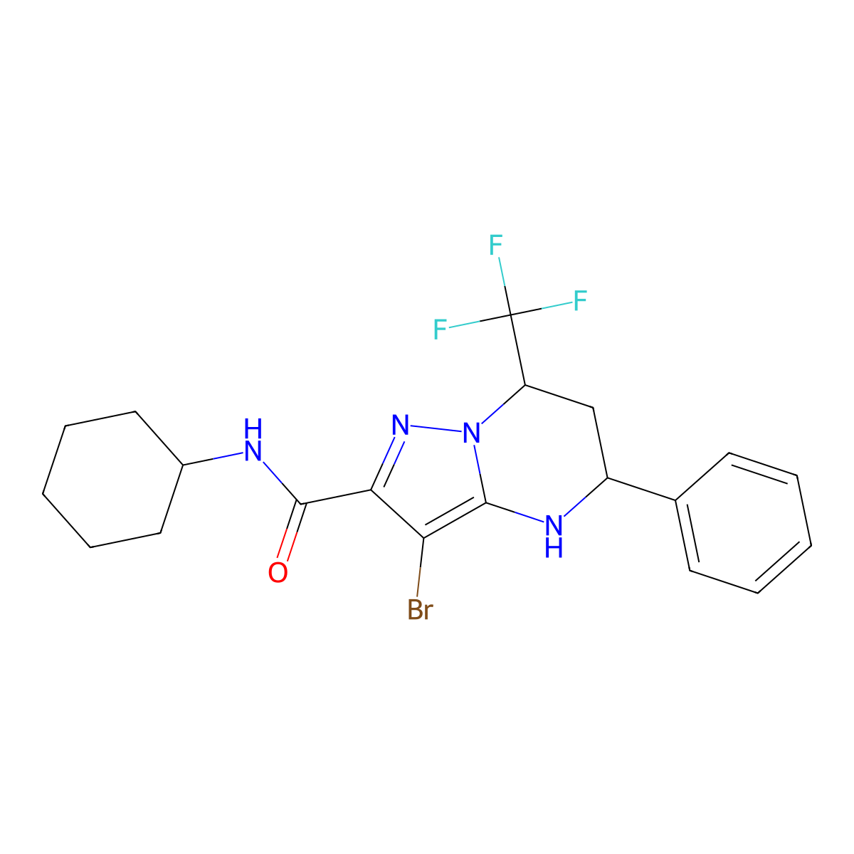 3-bromo-N-cyclohexyl-5-phenyl-7-(trifluoromethyl)-4,5,6,7-tetrahydropyrazolo[1,5-a]pyrimidine-2-carboxamide molecular structure, CAS 332851-86-2