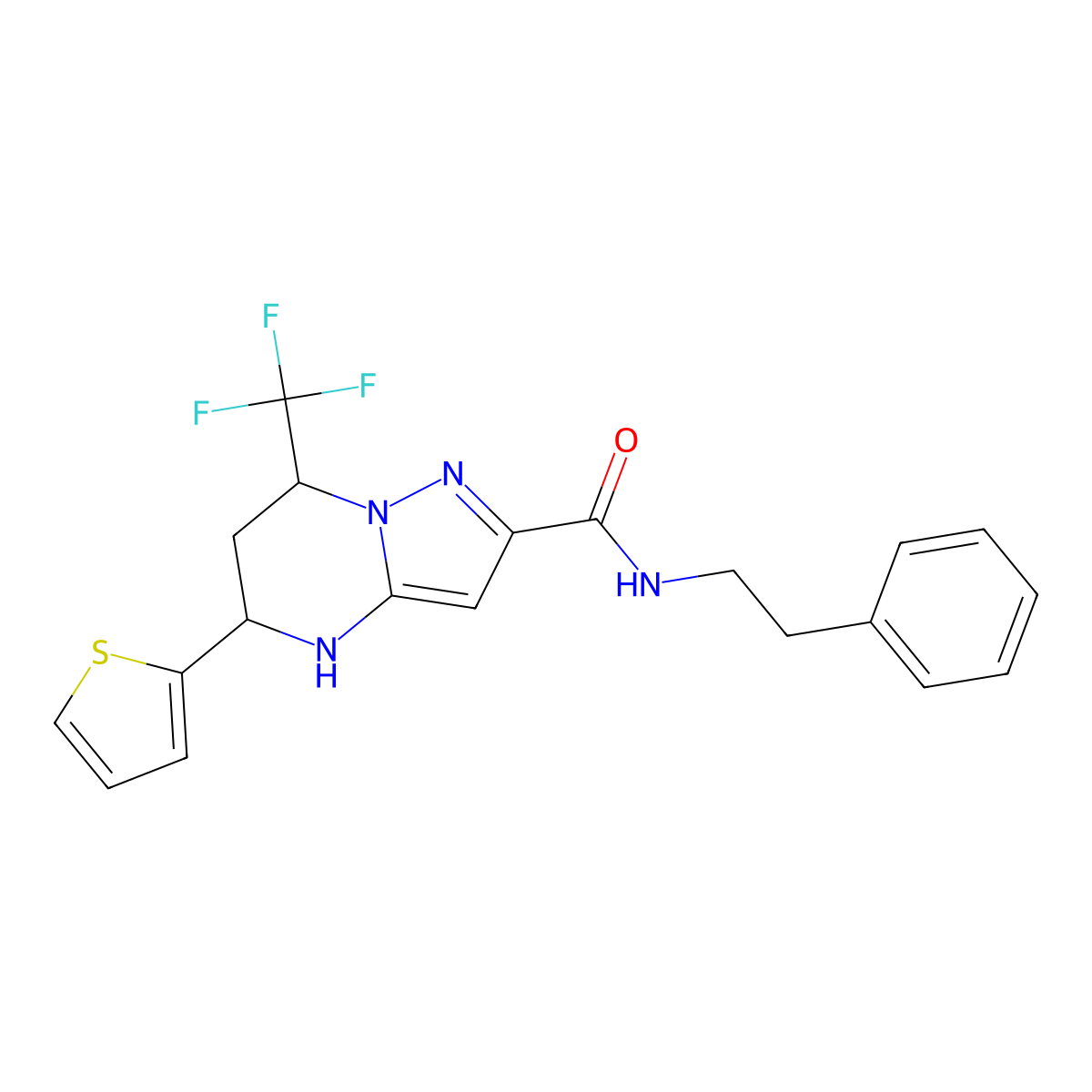 N-(2-phenylethyl)-5-(2-thienyl)-7-(trifluoromethyl)-4,5,6,7-tetrahydropyrazolo[1,5-a]pyrimidine-2-carboxamide molecular structure, CAS 332852-10-5