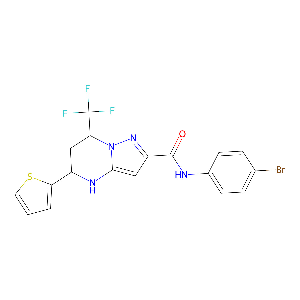 N-(4-bromophenyl)-5-(thiophen-2-yl)-7-(trifluoromethyl)-4,5,6,7-tetrahydropyrazolo[1,5-a]pyrimidine-2-carboxamide molecular structure, CAS 332852-12-7
