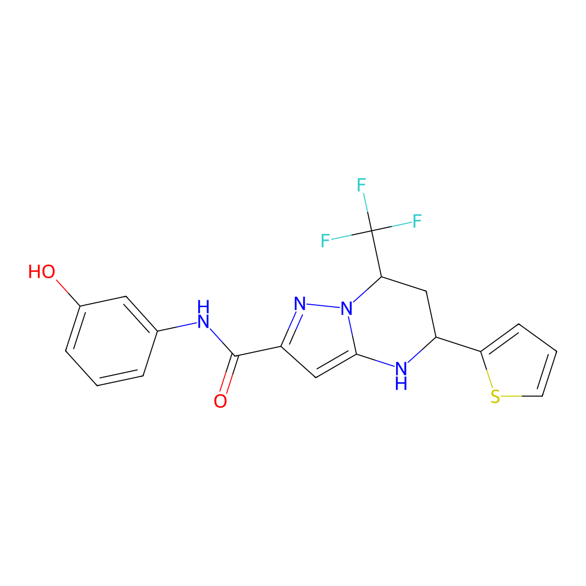 N-(3-hydroxyphenyl)-5-(thiophen-2-yl)-7-(trifluoromethyl)-4,5,6,7-tetrahydropyrazolo[1,5-a]pyrimidine-2-carboxamide molecular structure, CAS 332852-13-8
