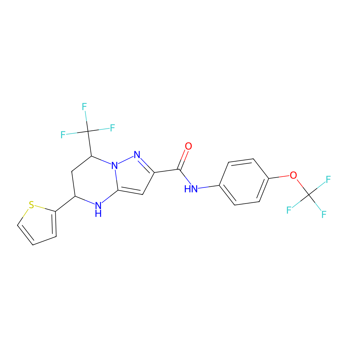 5-(thiophen-2-yl)-N-(4-(trifluoromethoxy)phenyl)-7-(trifluoromethyl)-4,5,6,7-tetrahydropyrazolo[1,5-a]pyrimidine-2-carboxamide molecular structure, CAS 332852-16-1