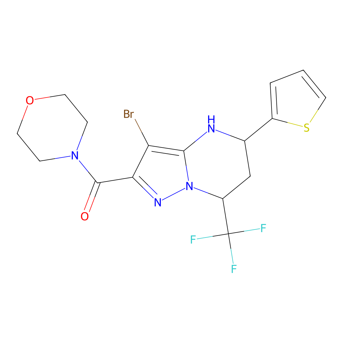(3-Bromo-5-(thiophen-2-yl)-7-(trifluoromethyl)-4,5,6,7-tetrahydropyrazolo[1,5-a]pyrimidin-2-yl)(morpholino)methanone molecular structure, CAS 332852-30-9