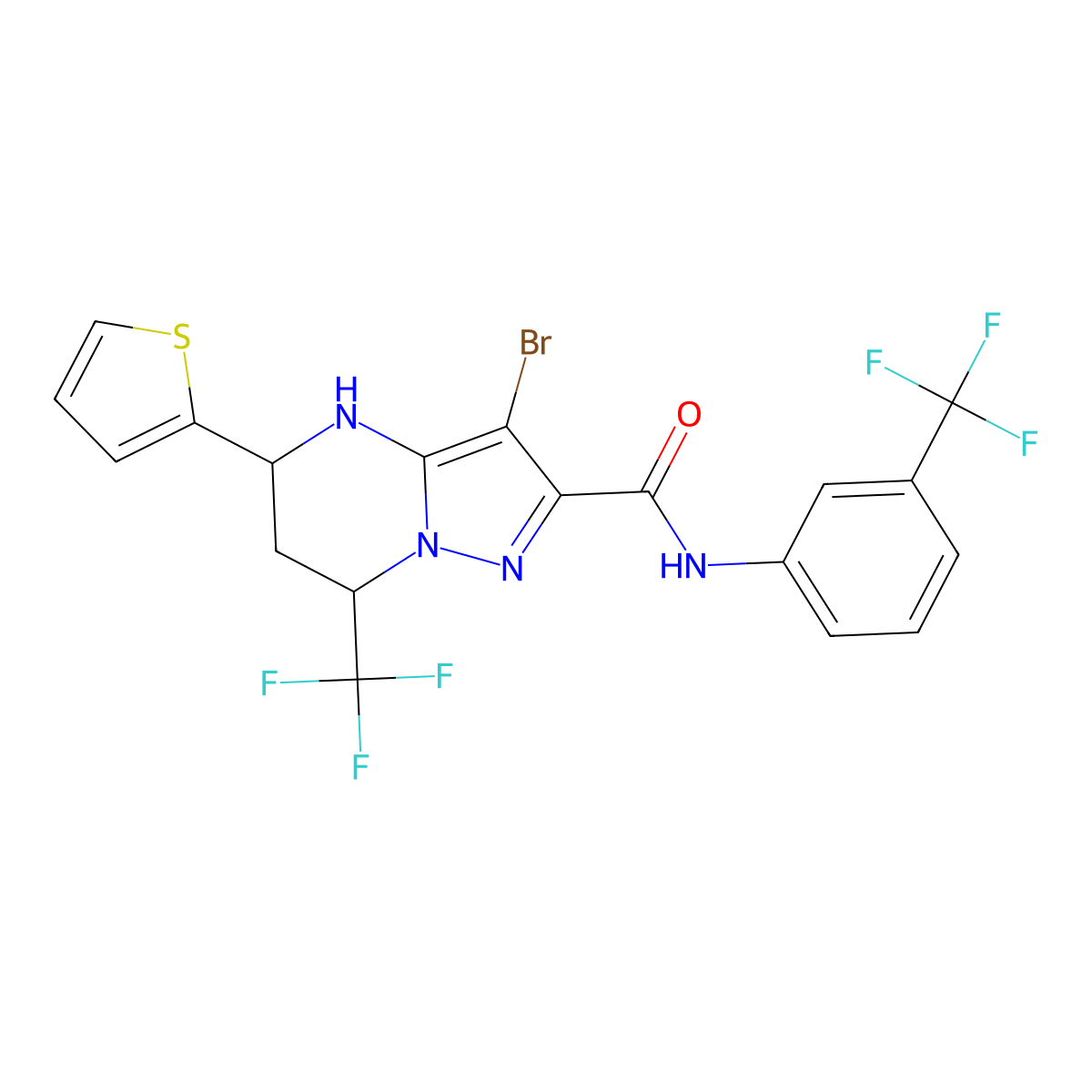 3-bromo-5-(thiophen-2-yl)-7-(trifluoromethyl)-N-(3-(trifluoromethyl)phenyl)-4,5,6,7-tetrahydropyrazolo[1,5-a]pyrimidine-2-carboxamide molecular structure, CAS 332852-46-7