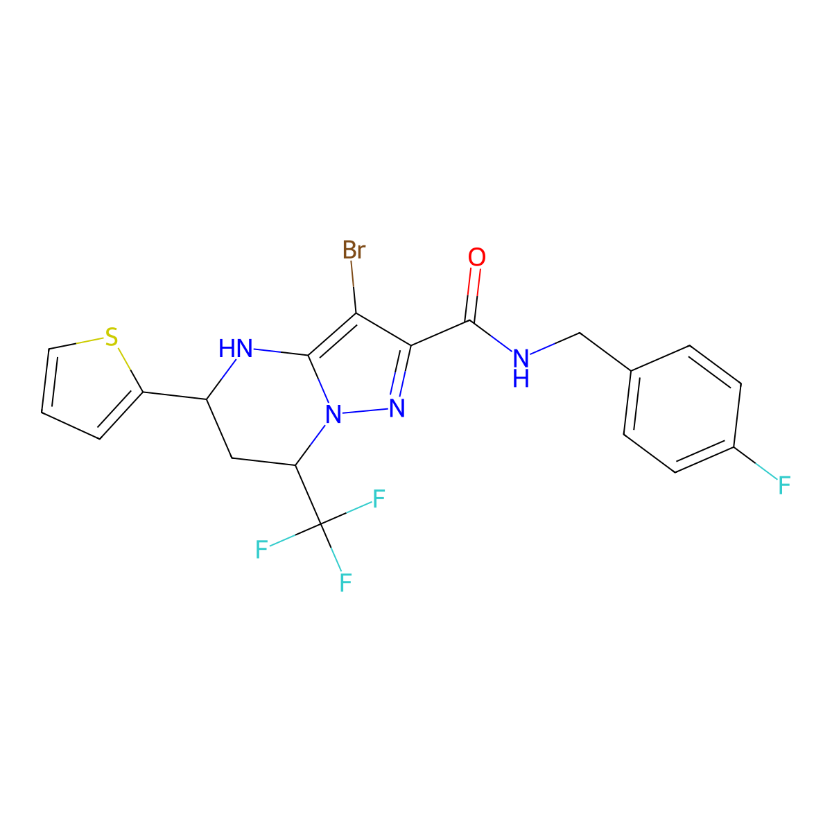 3-bromo-N-(4-fluorobenzyl)-5-(2-thienyl)-7-(trifluoromethyl)-4,5,6,7-tetrahydropyrazolo[1,5-a]pyrimidine-2-carboxamide molecular structure, CAS 332852-53-6