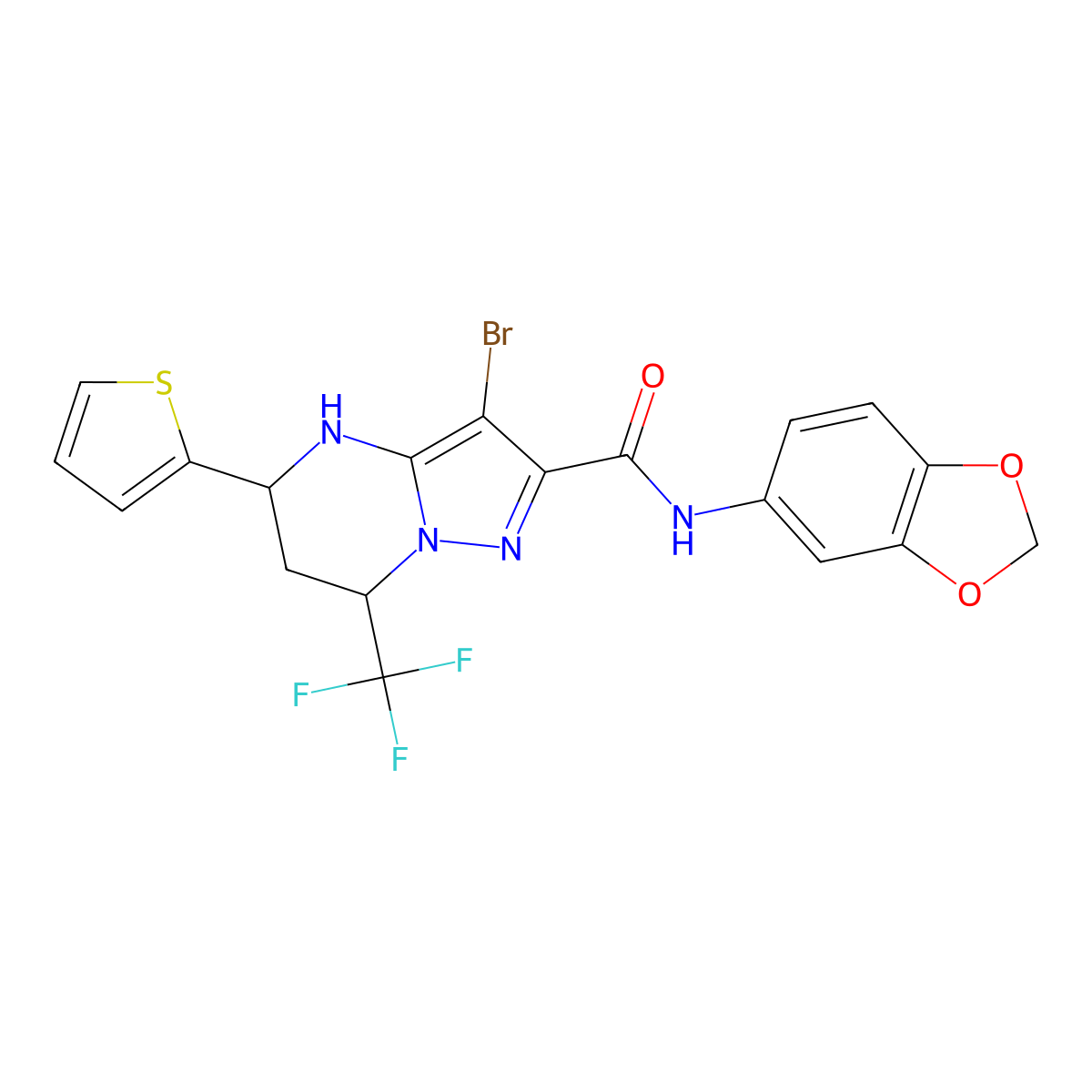N-(1,3-benzodioxol-5-yl)-3-bromo-5-(thiophen-2-yl)-7-(trifluoromethyl)-4,5,6,7-tetrahydropyrazolo[1,5-a]pyrimidine-2-carboxamide molecular structure, CAS 332852-61-6