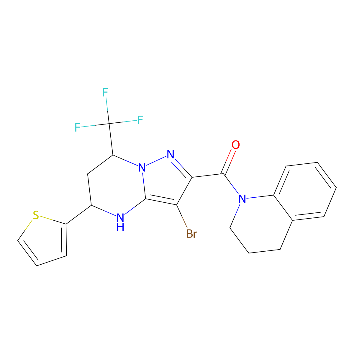 (3-bromo-5-(thiophen-2-yl)-7-(trifluoromethyl)-4,5,6,7-tetrahydropyrazolo[1,5-a]pyrimidin-2-yl)(3,4-dihydroquinolin-1(2H)-yl)methanone molecular structure, CAS 332852-64-9