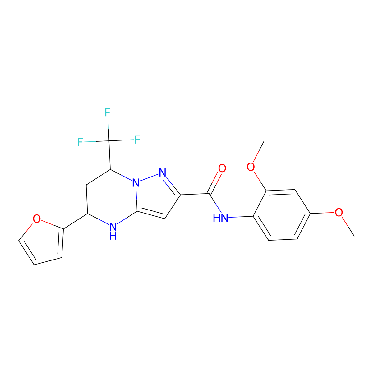N-(2,4-dimethoxyphenyl)-5-(furan-2-yl)-7-(trifluoromethyl)-4,5,6,7-tetrahydropyrazolo[1,5-a]pyrimidine-2-carboxamide molecular structure, CAS 332852-68-3
