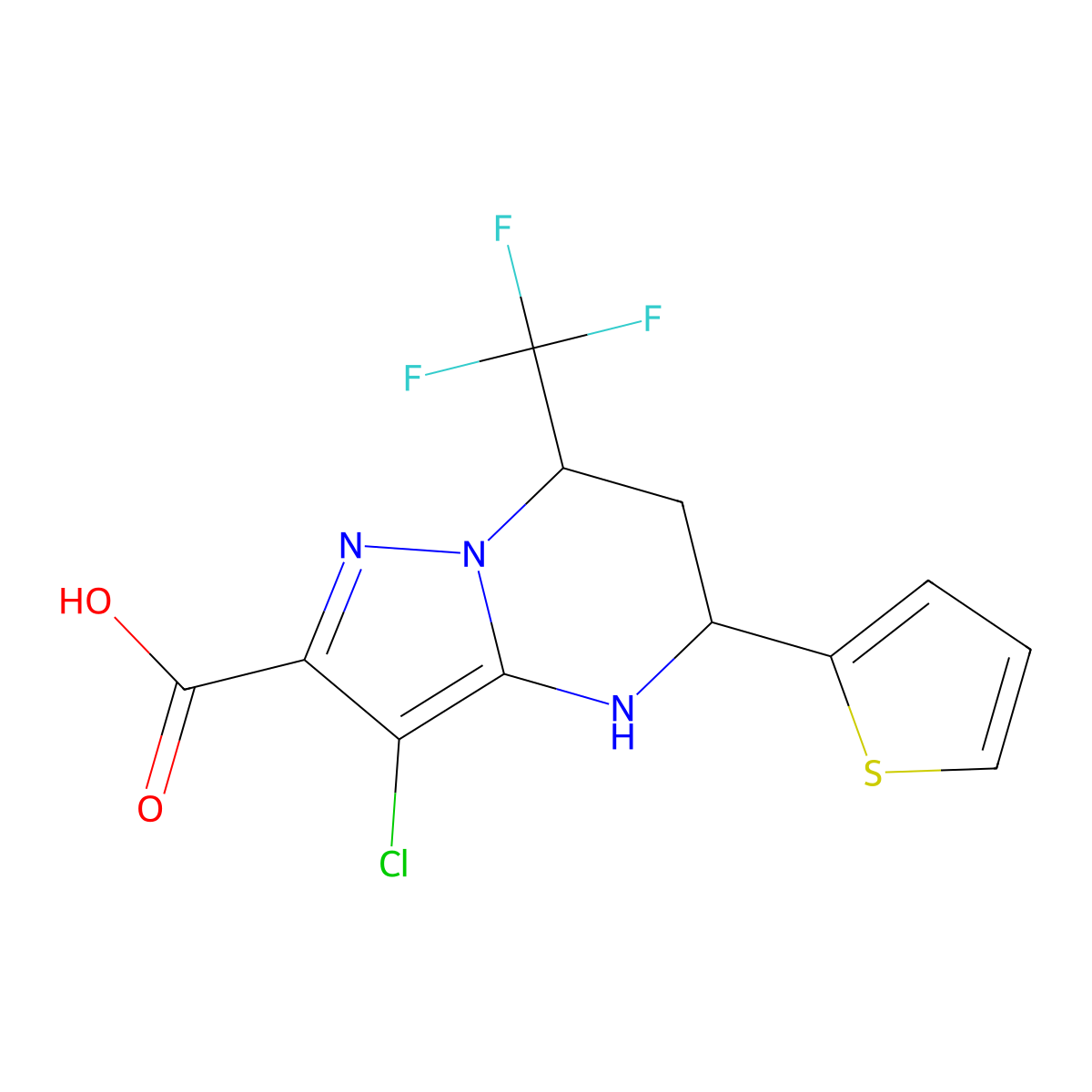 3-Chloro-5-(thiophen-2-yl)-7-(trifluoromethyl)-4,5,6,7-tetrahydropyrazolo[1,5-a]pyrimidine-2-carboxylic acid molecular structure, CAS 332852-72-9