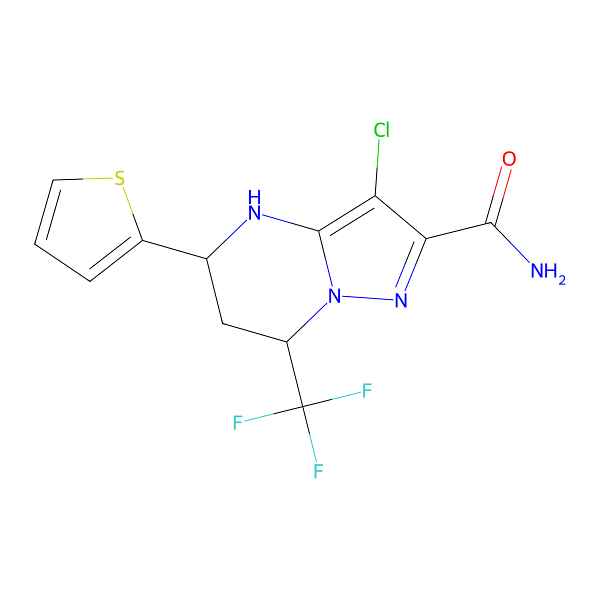 3-Chloro-5-(thiophen-2-yl)-7-(trifluoromethyl)-4,5,6,7-tetrahydropyrazolo[1,5-a]pyrimidine-2-carboxamide molecular structure, CAS 332852-74-1