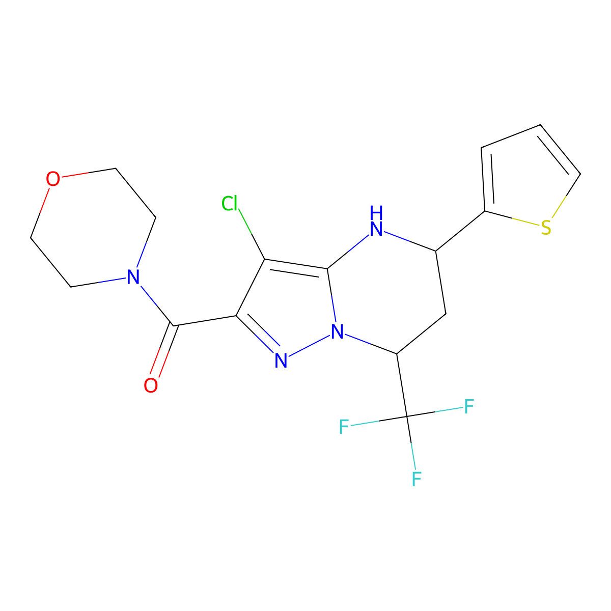 (3-Chloro-5-(thiophen-2-yl)-7-(trifluoromethyl)-4,5,6,7-tetrahydropyrazolo[1,5-a]pyrimidin-2-yl)(morpholino)methanone molecular structure, CAS 332852-75-2