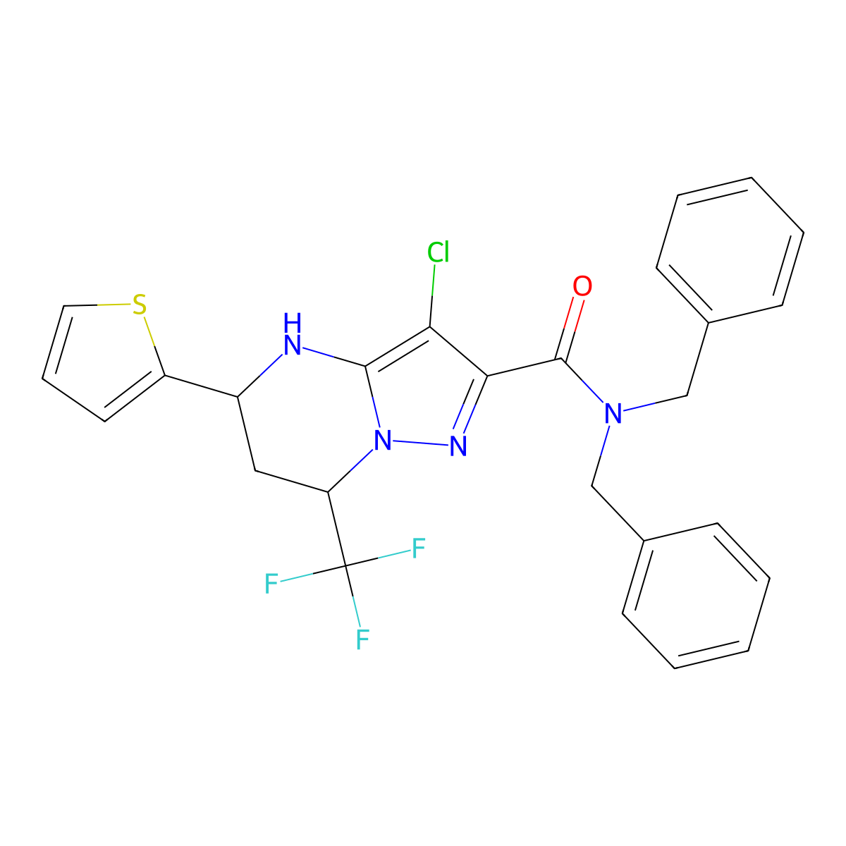 N,N-dibenzyl-3-chloro-5-(thiophen-2-yl)-7-(trifluoromethyl)-4,5,6,7-tetrahydropyrazolo[1,5-a]pyrimidine-2-carboxamide molecular structure, CAS 332852-90-1