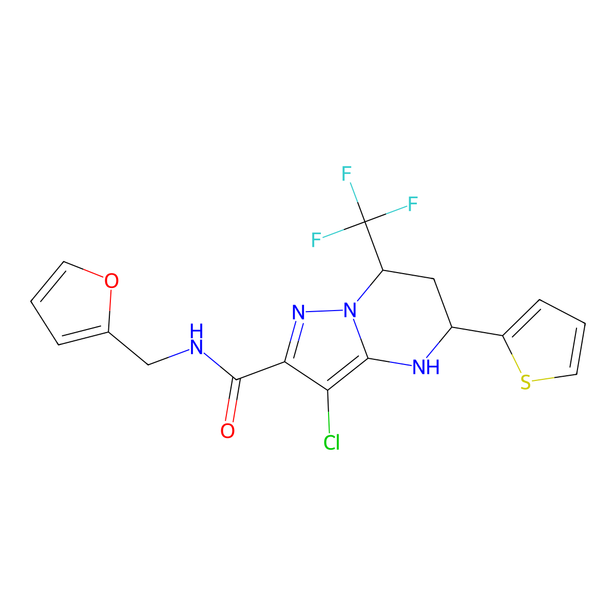 3-chloro-N-(2-furylmethyl)-5-(2-thienyl)-7-(trifluoromethyl)-4,5,6,7-tetrahydropyrazolo[1,5-a]pyrimidine-2-carboxamide molecular structure, CAS 332852-92-3