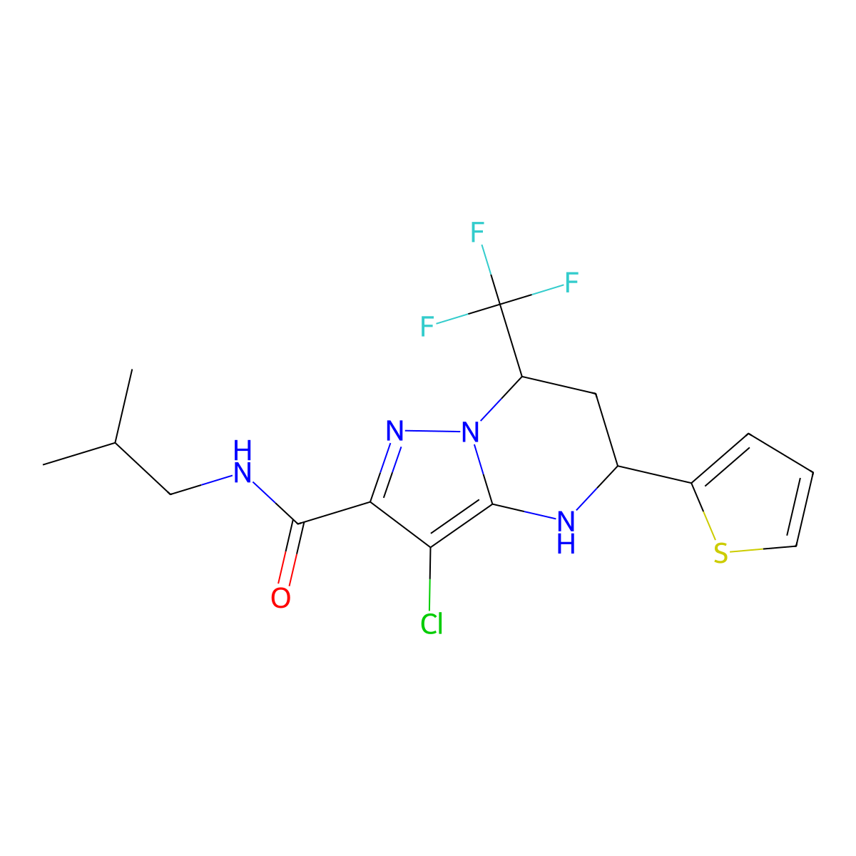 3-chloro-N-isobutyl-5-(thiophen-2-yl)-7-(trifluoromethyl)-4,5,6,7-tetrahydropyrazolo[1,5-a]pyrimidine-2-carboxamide molecular structure, CAS 332853-08-4