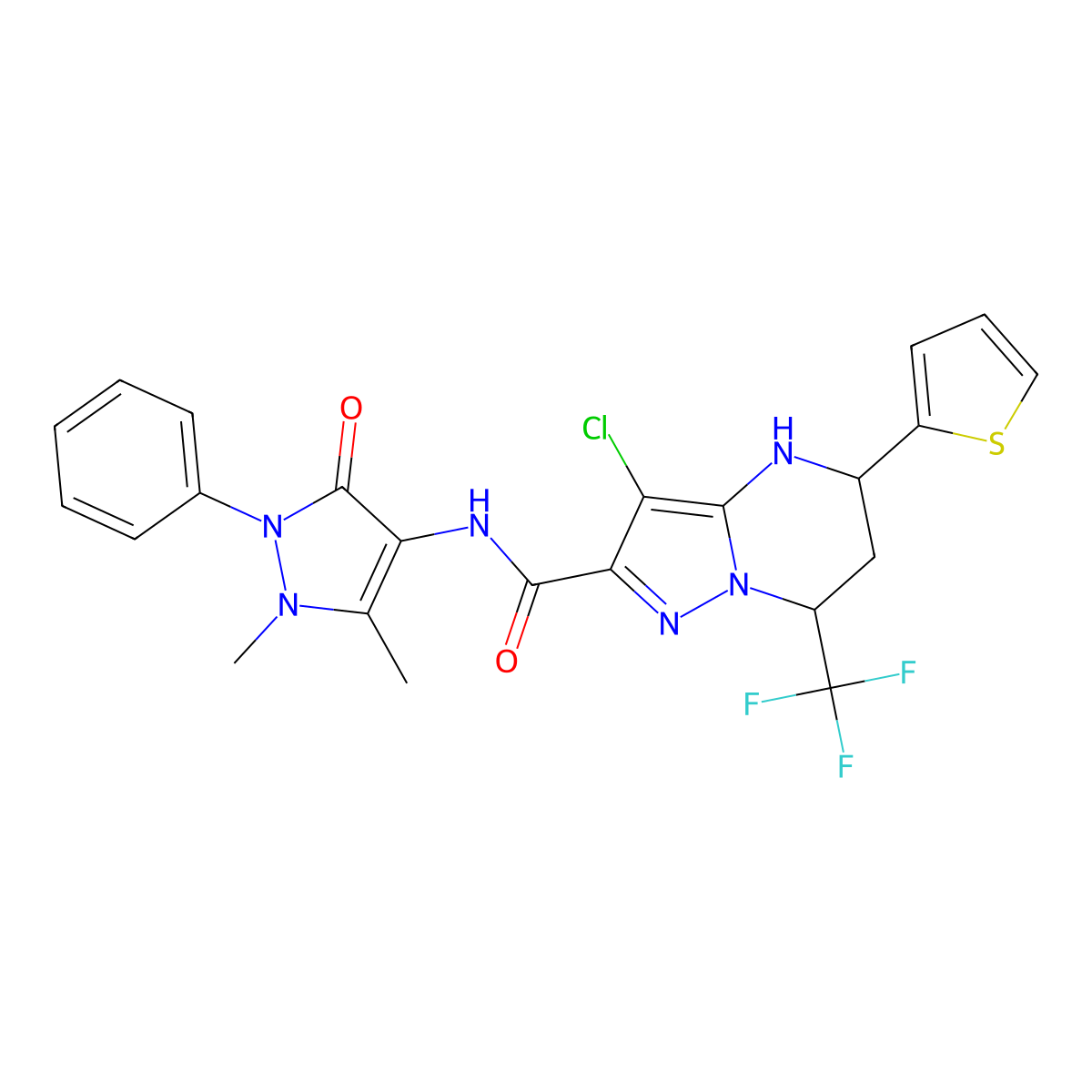 3-chloro-N-(1,5-dimethyl-3-oxo-2-phenyl-2,3-dihydro-1H-pyrazol-4-yl)-5-(thiophen-2-yl)-7-(trifluoromethyl)-4,5,6,7-tetrahydropyrazolo[1,5-a]pyrimidine-2-carboxamide molecular structure, CAS 332853-13-1