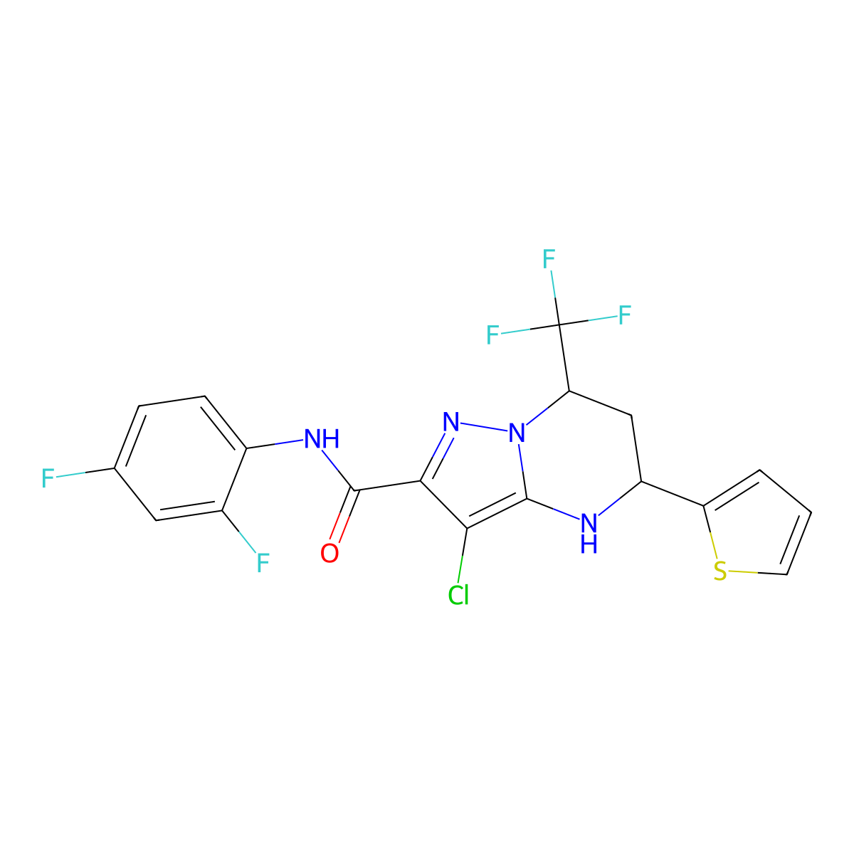3-chloro-N-(2,4-difluorophenyl)-5-(thiophen-2-yl)-7-(trifluoromethyl)-4,5,6,7-tetrahydropyrazolo[1,5-a]pyrimidine-2-carboxamide molecular structure, CAS 332853-14-2
