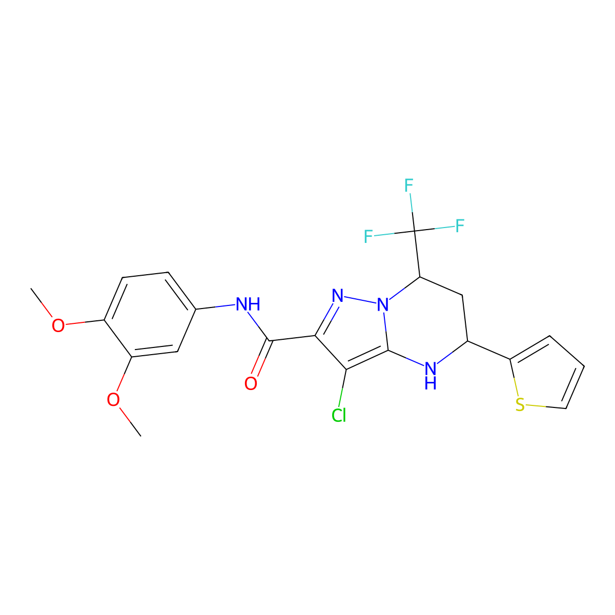 3-chloro-N-(3,4-dimethoxyphenyl)-5-(thiophen-2-yl)-7-(trifluoromethyl)-4,5,6,7-tetrahydropyrazolo[1,5-a]pyrimidine-2-carboxamide molecular structure, CAS 332853-20-0