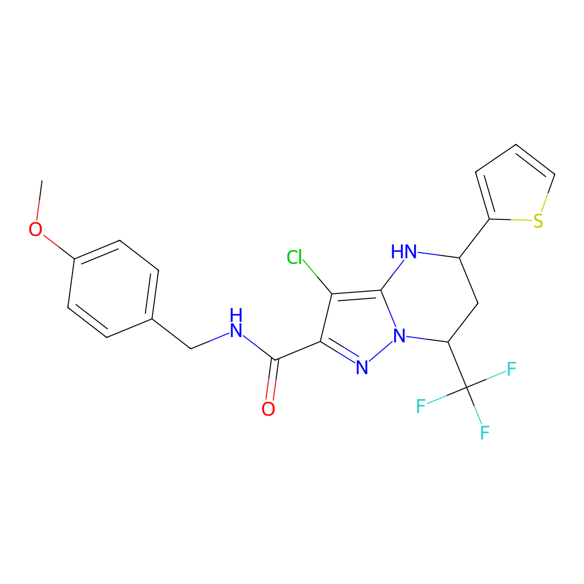 3-chloro-N-(4-methoxybenzyl)-5-(thiophen-2-yl)-7-(trifluoromethyl)-4,5,6,7-tetrahydropyrazolo[1,5-a]pyrimidine-2-carboxamide molecular structure, CAS 332853-21-1