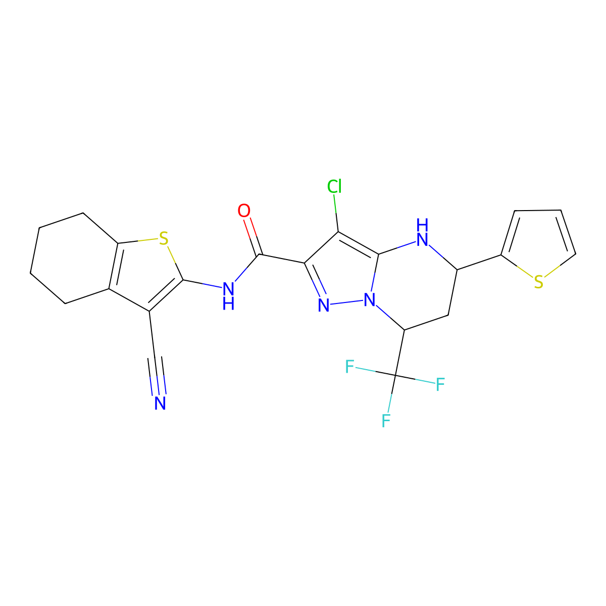 3-chloro-N-(3-cyano-4,5,6,7-tetrahydro-1-benzothien-2-yl)-5-(2-thienyl)-7-(trifluoromethyl)-4,5,6,7-tetrahydropyrazolo[1,5-a]pyrimidine-2-carboxamide molecular structure, CAS 332853-30-2