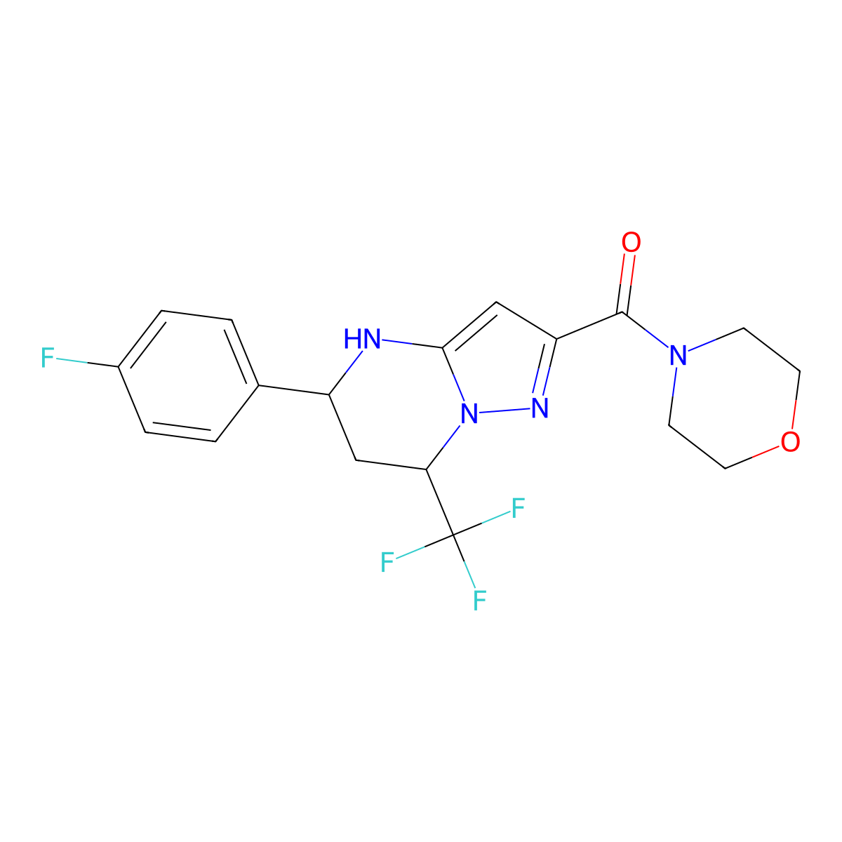 5-(4-Fluorophenyl)-2-(4-morpholinylcarbonyl)-7-(trifluoromethyl)-4,5,6,7-tetrahydropyrazolo[1,5-a]pyrimidine molecular structure, CAS 332853-31-3