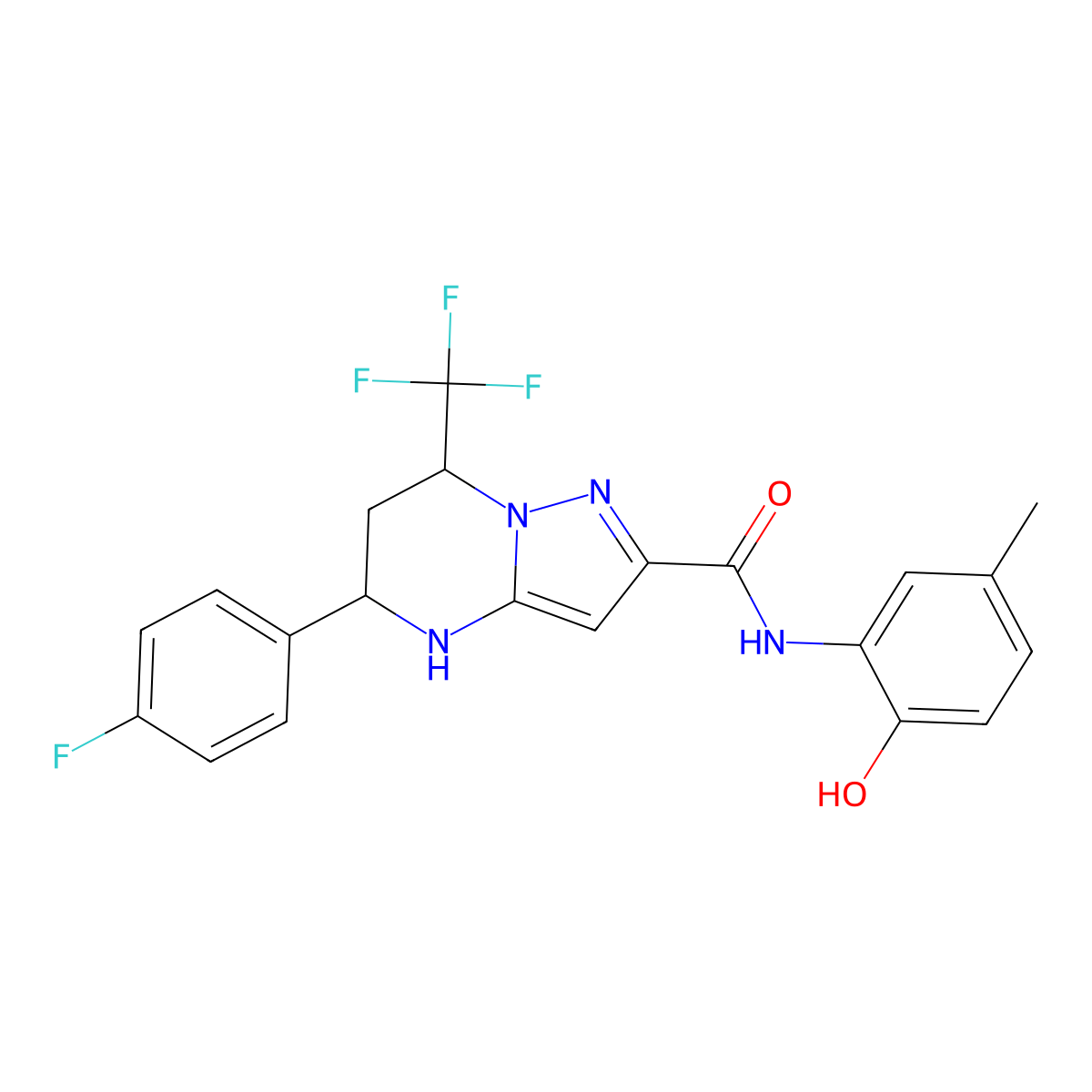 5-(4-fluorophenyl)-N-(2-hydroxy-5-methylphenyl)-7-(trifluoromethyl)-4,5,6,7-tetrahydropyrazolo[1,5-a]pyrimidine-2-carboxamide molecular structure, CAS 332853-36-8
