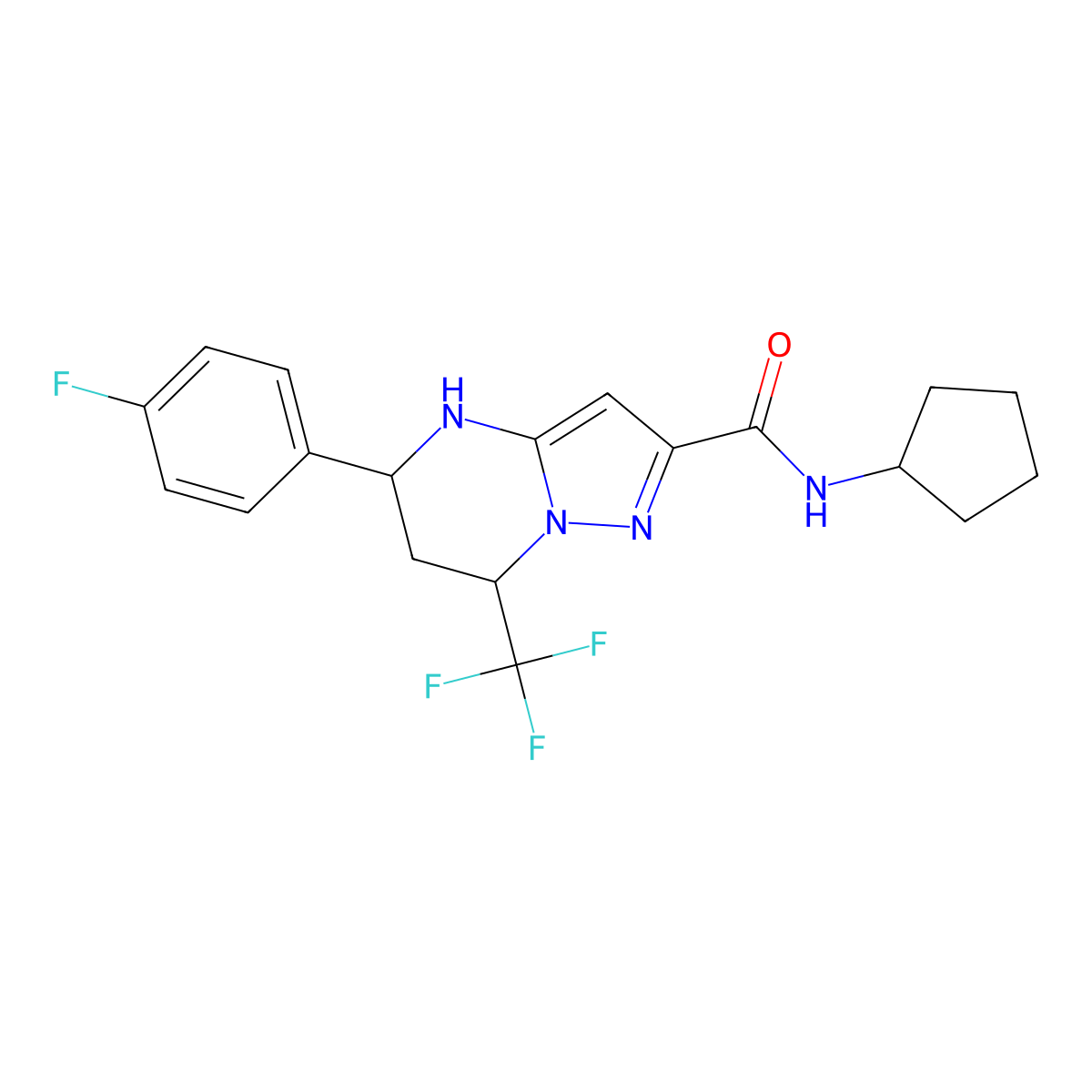 N-cyclopentyl-5-(4-fluorophenyl)-7-(trifluoromethyl)-4,5,6,7-tetrahydropyrazolo[1,5-a]pyrimidine-2-carboxamide molecular structure, CAS 332853-42-6