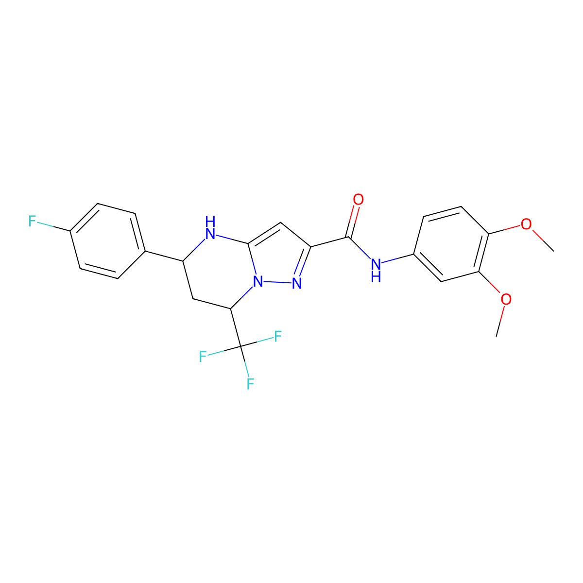 N-(3,4-dimethoxyphenyl)-5-(4-fluorophenyl)-7-(trifluoromethyl)-4,5,6,7-tetrahydropyrazolo[1,5-a]pyrimidine-2-carboxamide molecular structure, CAS 332853-49-3