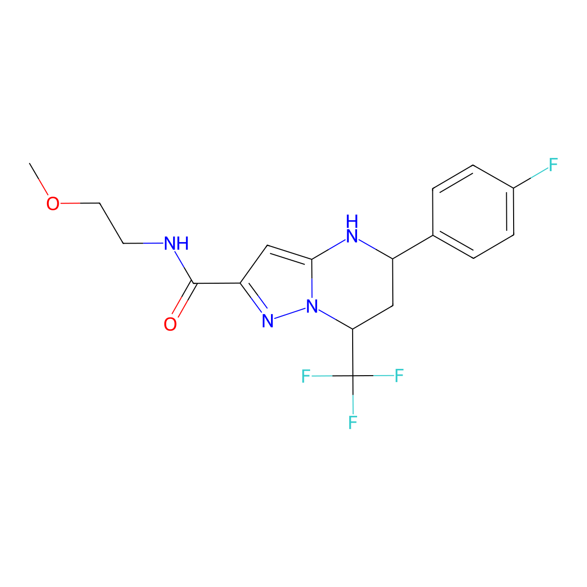 5-(4-fluorophenyl)-N-(2-methoxyethyl)-7-(trifluoromethyl)-4,5,6,7-tetrahydropyrazolo[1,5-a]pyrimidine-2-carboxamide molecular structure, CAS 332853-50-6