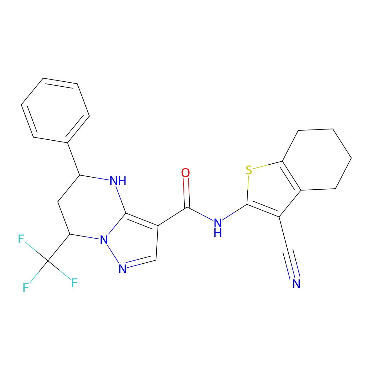 N-(3-cyano-4,5,6,7-tetrahydro-1-benzothiophen-2-yl)-5-phenyl-7-(trifluoromethyl)-4,5,6,7-tetrahydropyrazolo[1,5-a]pyrimidine-3-carboxamide molecular structure, CAS 332853-57-3