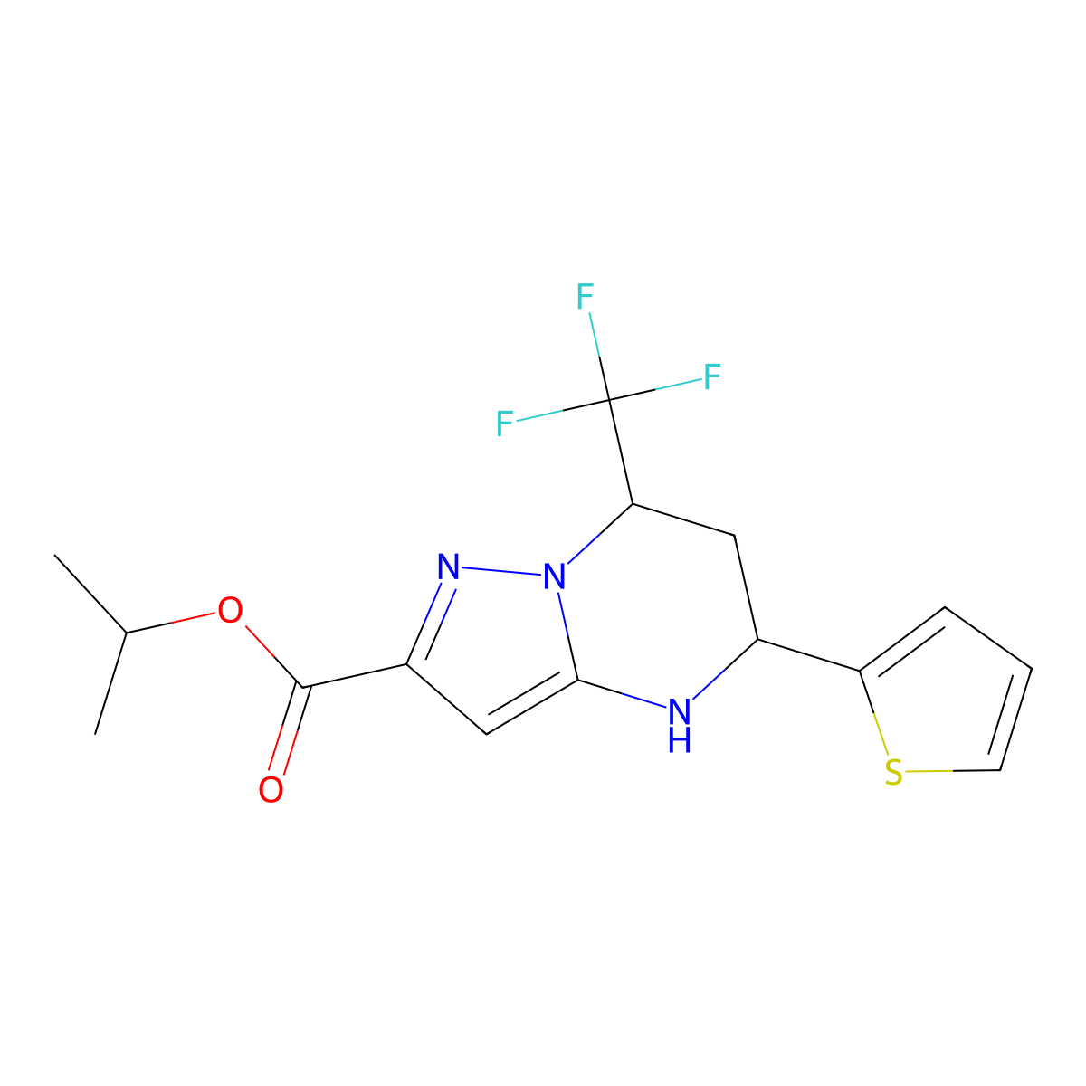 Isopropyl 5-(thiophen-2-yl)-7-(trifluoromethyl)-4,5,6,7-tetrahydropyrazolo[1,5-a]pyrimidine-2-carboxylate molecular structure, CAS 332853-66-4