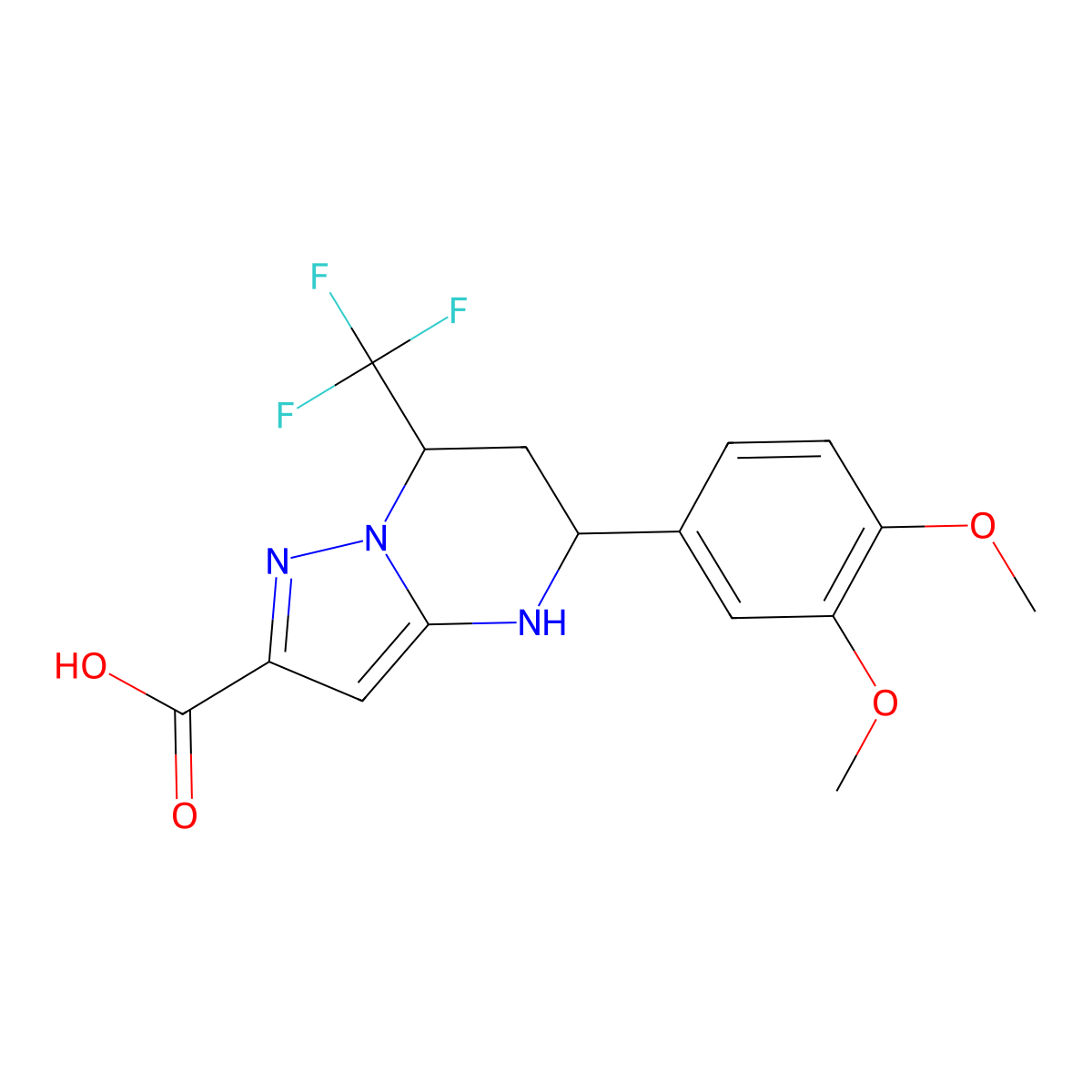 5-(3,4-Dimethoxyphenyl)-7-(trifluoromethyl)-4,5,6,7-tetrahydropyrazolo[1,5-a]pyrimidine-2-carboxylic acid molecular structure, CAS 332853-67-5