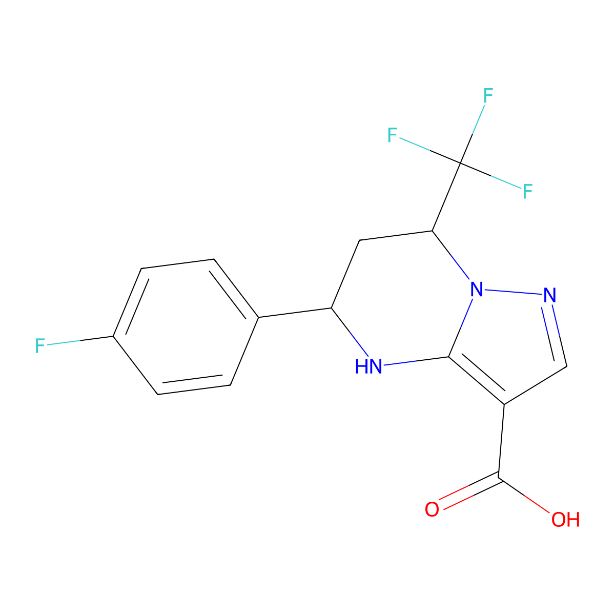 5-(4-Fluorophenyl)-7-(trifluoromethyl)-4,5,6,7-tetrahydropyrazolo[1,5-a]pyrimidine-3-carboxylic acid molecular structure, CAS 332853-71-1