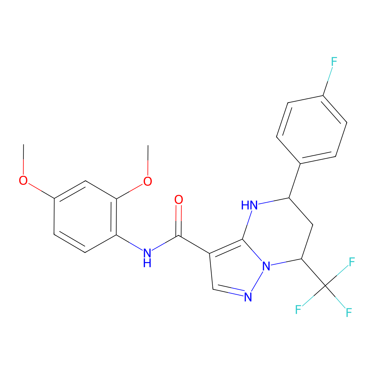 N-(2,4-dimethoxyphenyl)-5-(4-fluorophenyl)-7-(trifluoromethyl)-4,5,6,7-tetrahydropyrazolo[1,5-a]pyrimidine-3-carboxamide molecular structure, CAS 332853-79-9