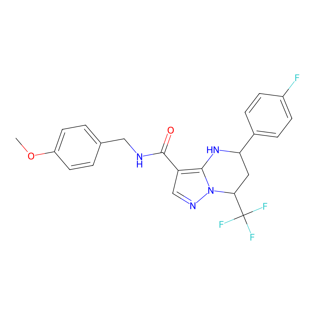 5-(4-fluorophenyl)-N-(4-methoxybenzyl)-7-(trifluoromethyl)-4,5,6,7-tetrahydropyrazolo[1,5-a]pyrimidine-3-carboxamide molecular structure, CAS 332853-83-5