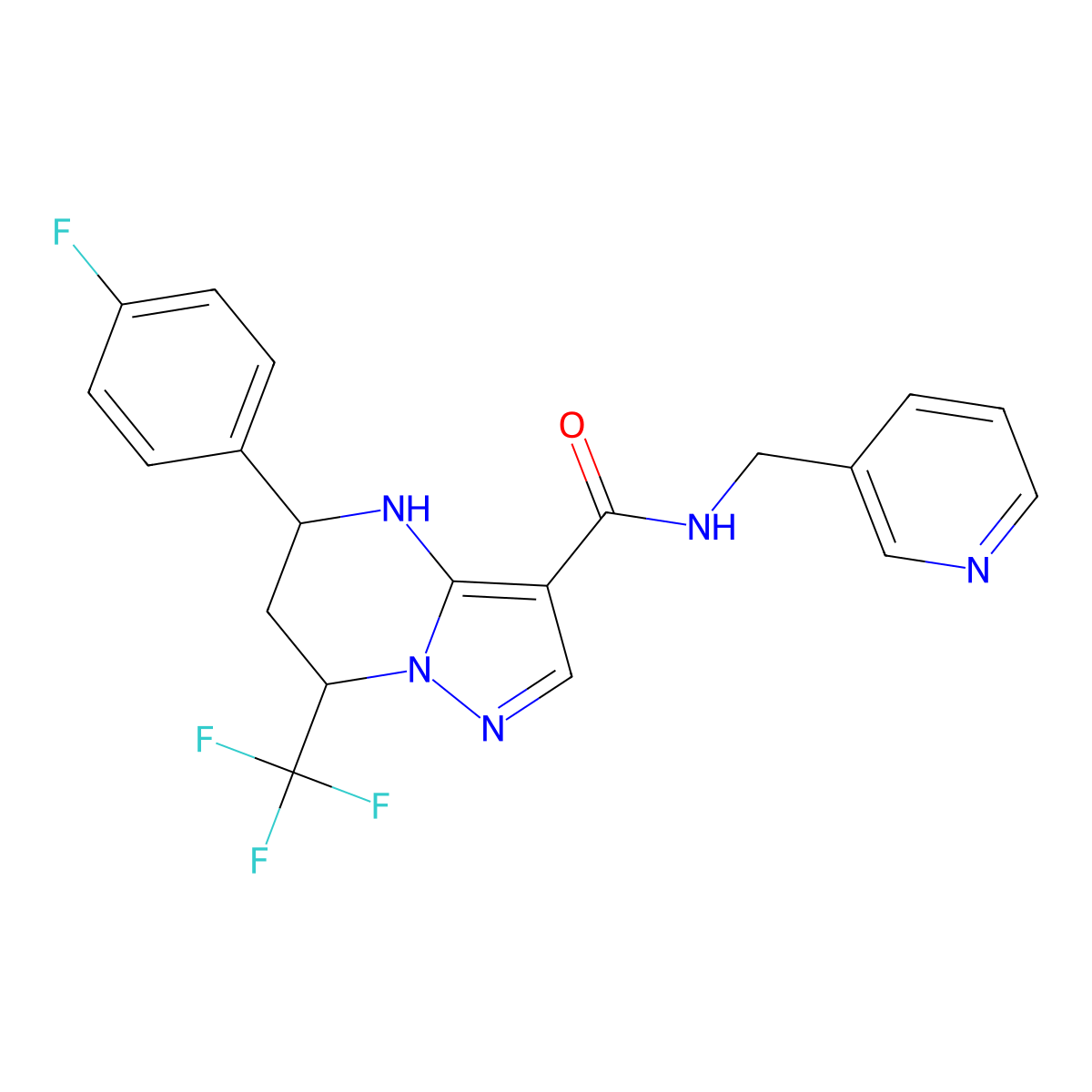 5-(4-fluorophenyl)-N-(pyridin-3-ylmethyl)-7-(trifluoromethyl)-4,5,6,7-tetrahydropyrazolo[1,5-a]pyrimidine-3-carboxamide molecular structure, CAS 332853-85-7