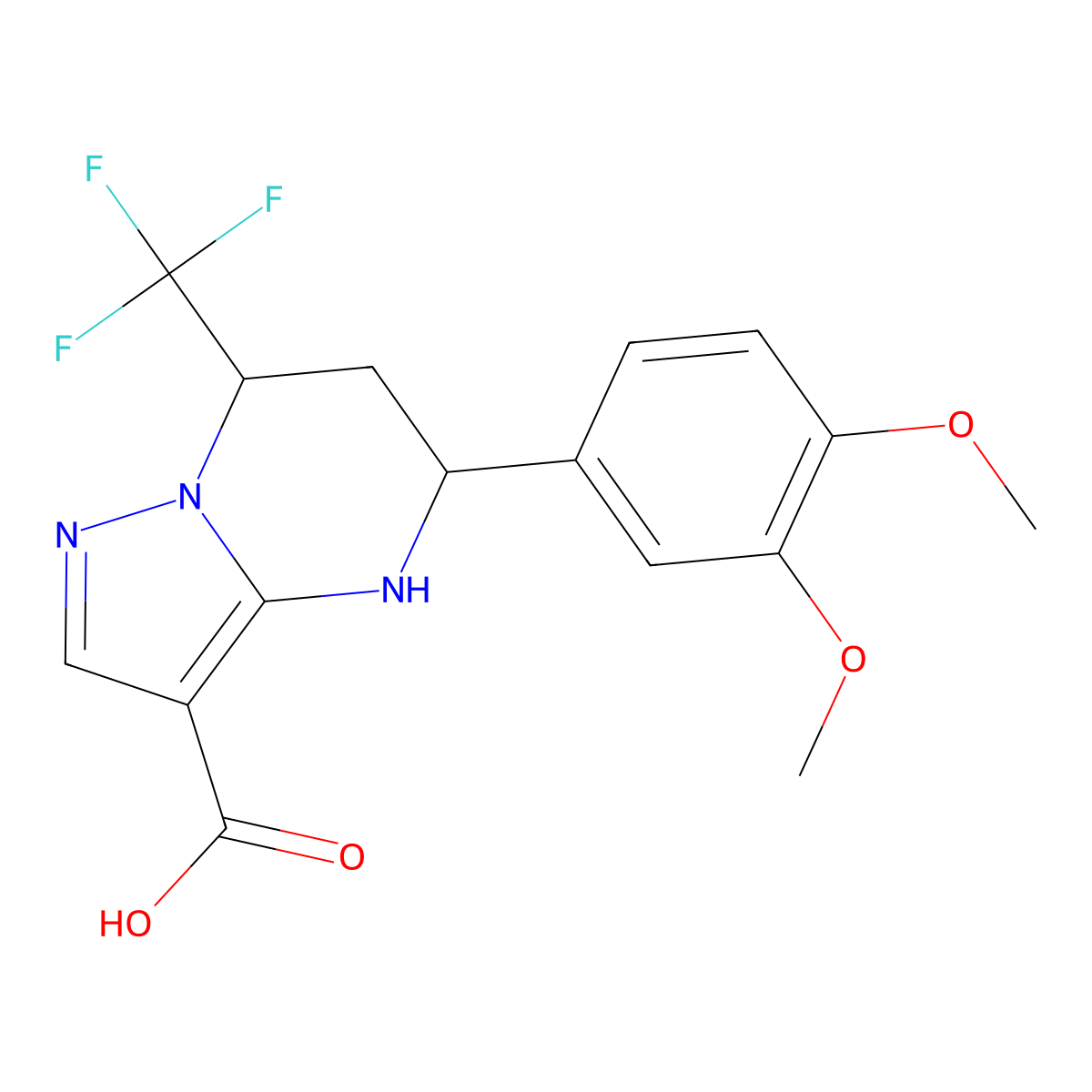 5-(3,4-Dimethoxyphenyl)-7-(trifluoromethyl)-4,5,6,7-tetrahydropyrazolo[1,5-a]pyrimidine-3-carboxylic acid molecular structure, CAS 332853-87-9