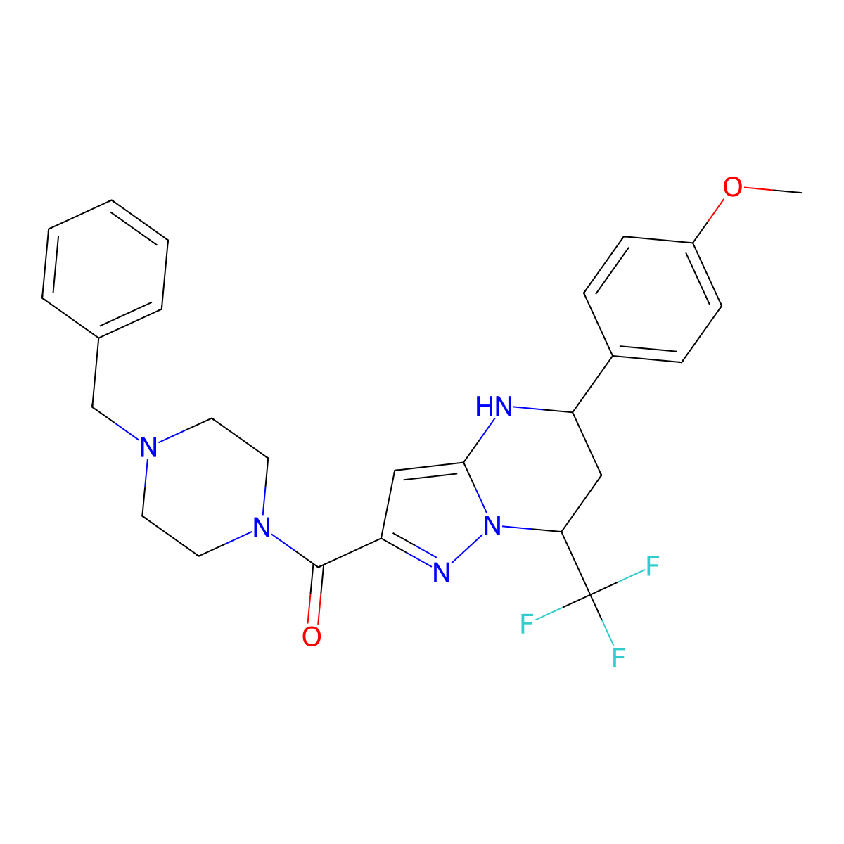 (4-Benzylpiperazin-1-yl)(5-(4-methoxyphenyl)-7-(trifluoromethyl)-4,5,6,7-tetrahydropyrazolo[1,5-a]pyrimidin-2-yl)methanone molecular structure, CAS 332854-16-7