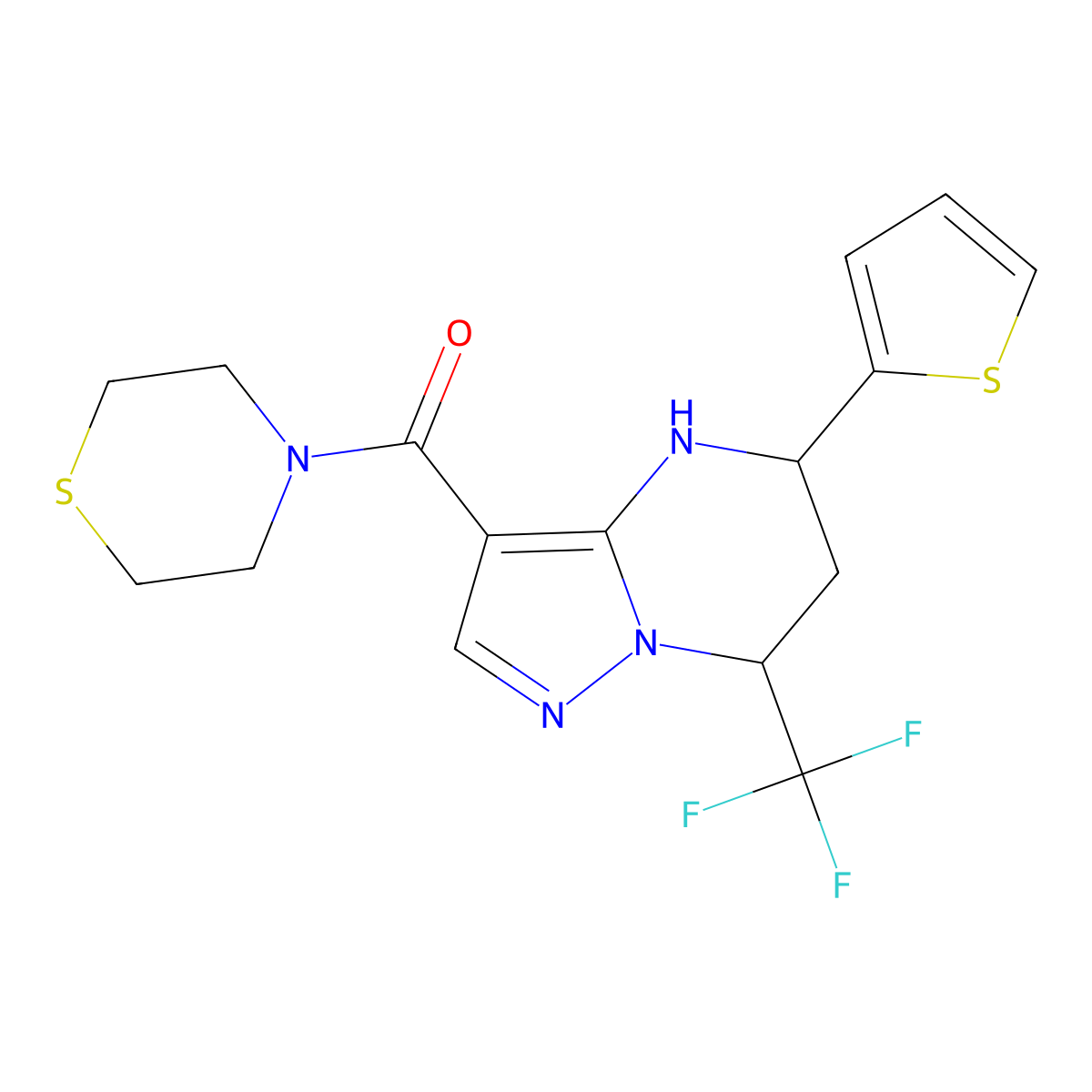 Thiomorpholino(5-(thiophen-2-yl)-7-(trifluoromethyl)-4,5,6,7-tetrahydropyrazolo[1,5-a]pyrimidin-3-yl)methanone molecular structure, CAS 332854-60-1