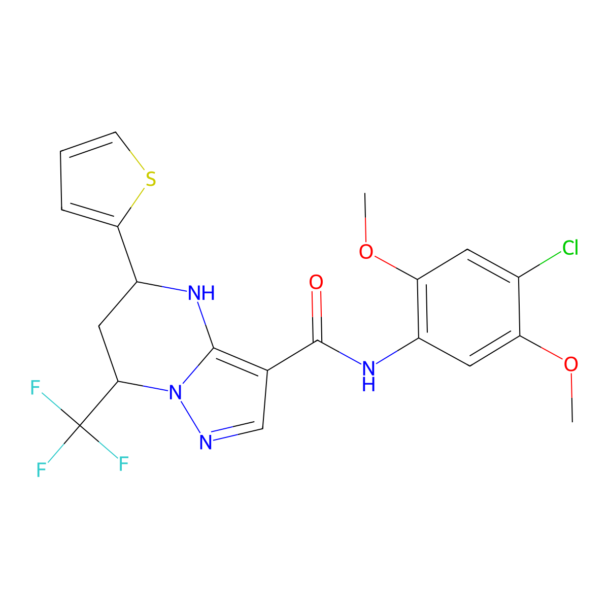 N-(4-chloro-2,5-dimethoxyphenyl)-5-(2-thienyl)-7-(trifluoromethyl)-4,5,6,7-tetrahydropyrazolo[1,5-a]pyrimidine-3-carboxamide molecular structure, CAS 332854-62-3