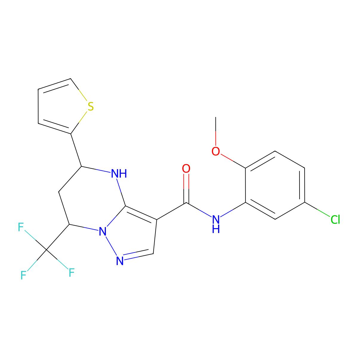 N-(5-chloro-2-methoxyphenyl)-5-(2-thienyl)-7-(trifluoromethyl)-4,5,6,7-tetrahydropyrazolo[1,5-a]pyrimidine-3-carboxamide molecular structure, CAS 332854-63-4