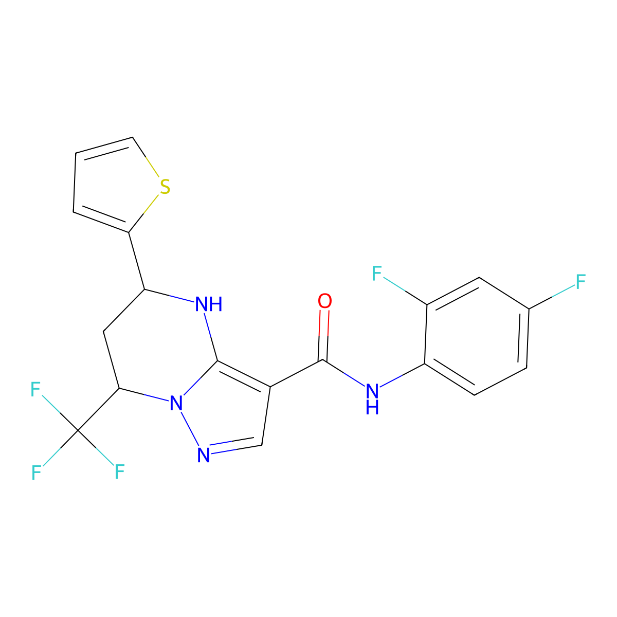N-(2,4-difluorophenyl)-5-thiophen-2-yl-7-(trifluoromethyl)-1,5,6,7-tetrahydropyrazolo[1,5-a]pyrimidine-3-carboxamide molecular structure, CAS 332856-01-6